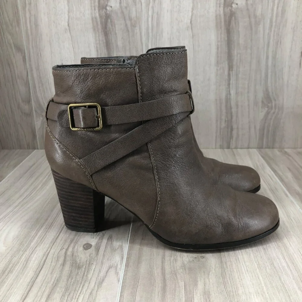 Cole Haan Ankle Boots Womens 7.5B Taupe Brown Leather Zip Booties